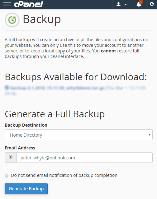 CPanel Generate Backup.