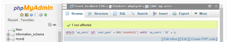 phpMyAdmin Fixing WordPress Login.