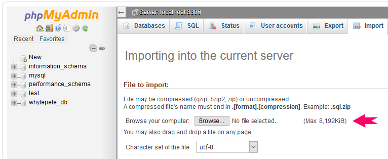 phpMyAdmin Import.