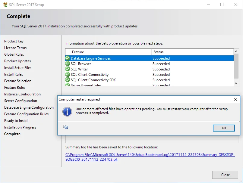 SQL Server 2017 Installation Complete