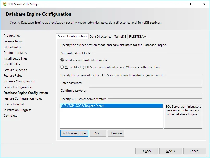 SQL Server Database Engine Configuration