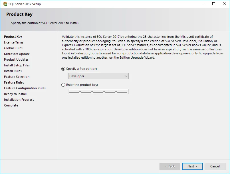 SQL Server Enter Product Key