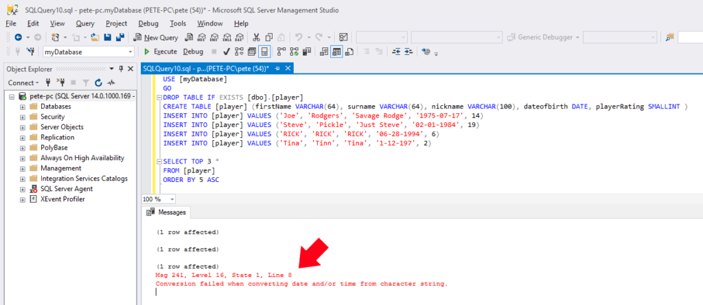 Conversion failed when converting data and/or time from character string