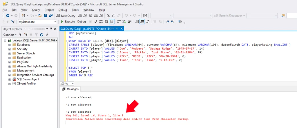Conversion failed when converting data and/or time from character string