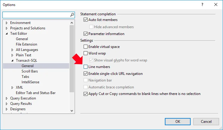 Show Line Numbers SQL Server Management Studio