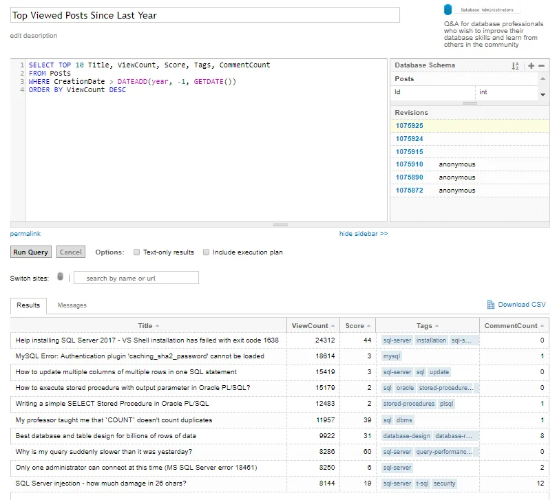 Stack Exchange Data Explorer My Query