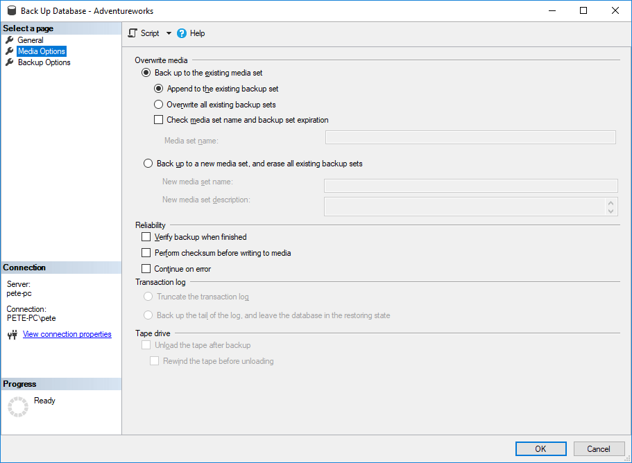 SQL Server Backup Media Options