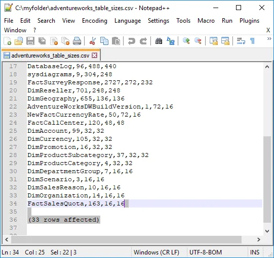 Notepad++ Adventureworks Table Rows