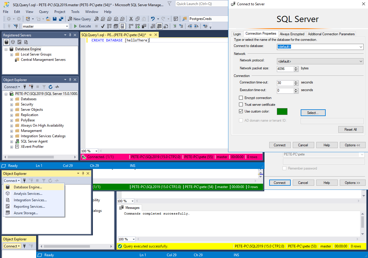 Using Custom Connection Colours in SSMS