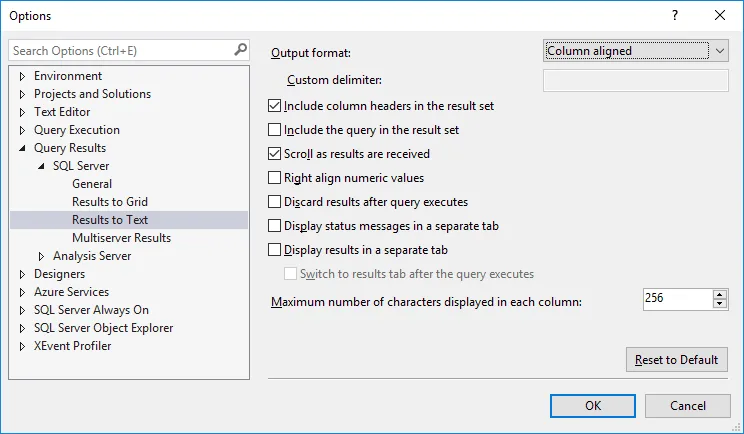 SSMS Results to Text Option
