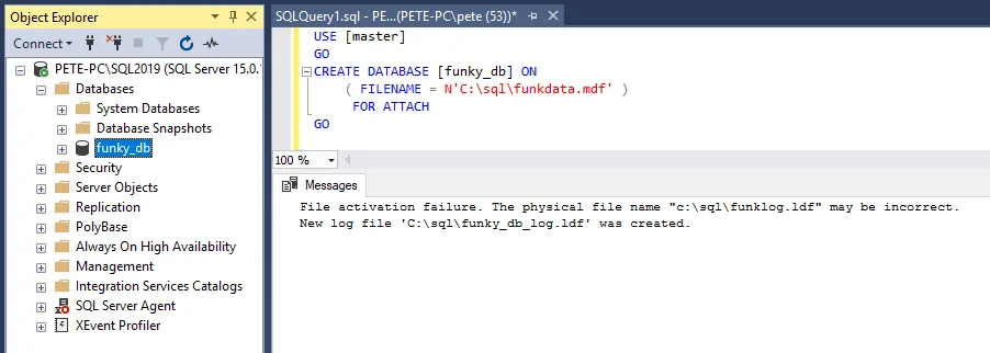 Create database without log file SQL Server