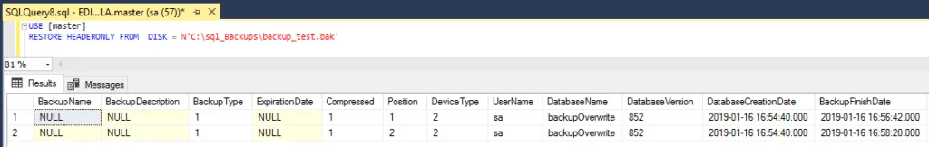RESTORE HEADERONLY SQL Server Example