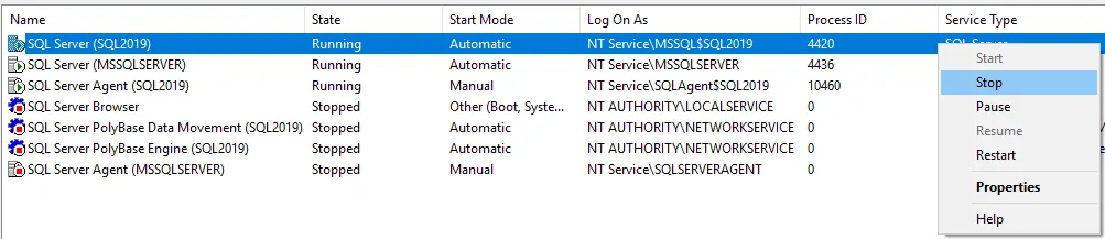 restarting sql server service