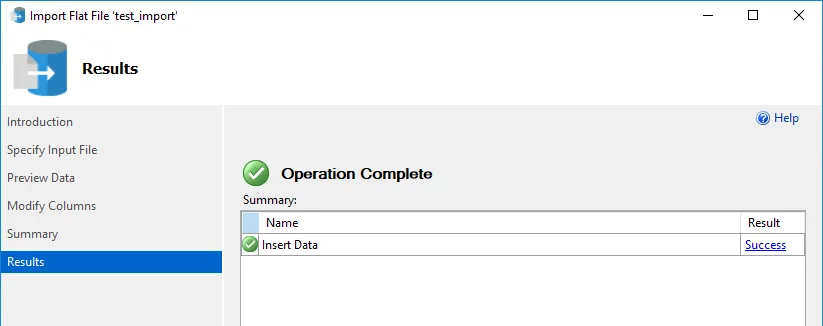 SSMS Import Flat File Wizard Complete