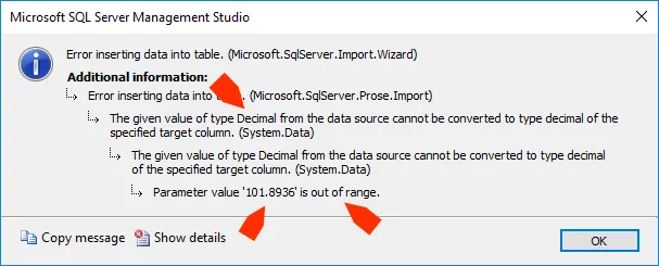 The given value of type Decimal from the data source cannot be converted to type decimal of the specified target column