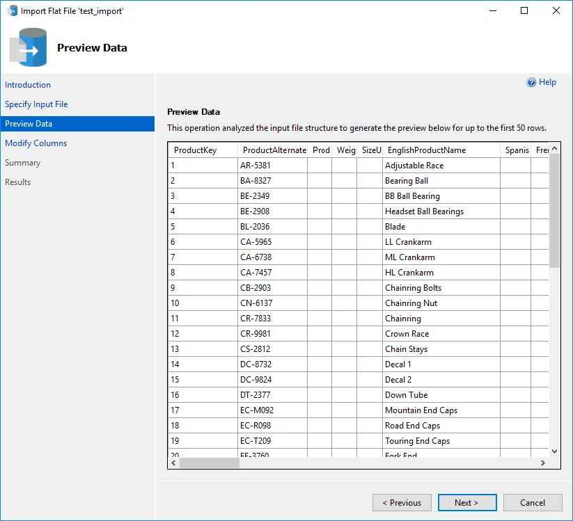 SSMS Import Data Wizard Preview Data