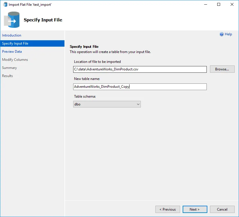 SSMS Wizard Input File