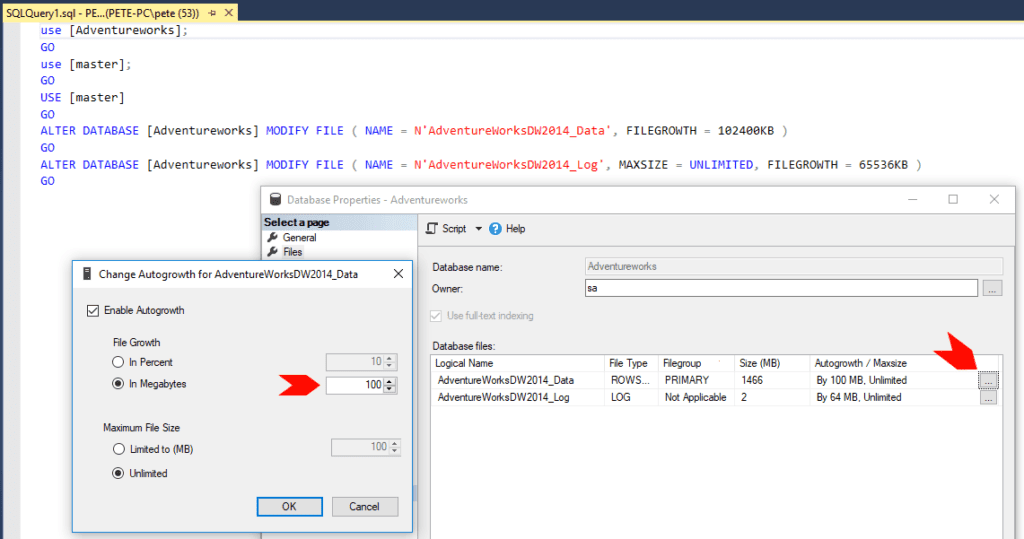 Set Growth Event Size in SQL Server.