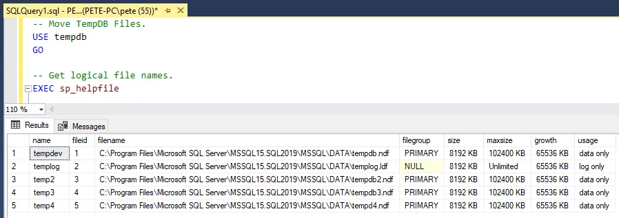 show logical names and file paths sql server