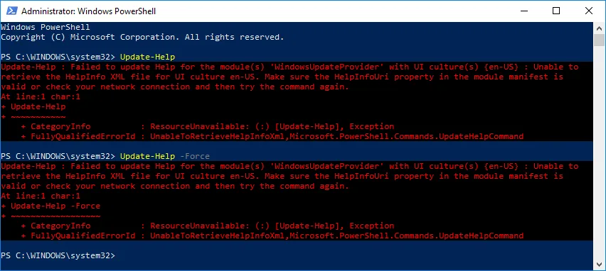 Update-Help -Force Fails