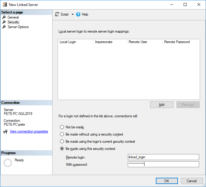 New Linked Server Login SSMS