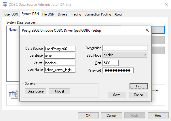 ODBC Data Source Settings for Postgres