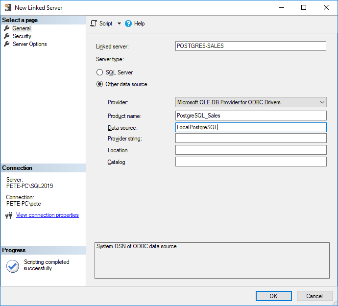 SSMS New Linked Server Postgres