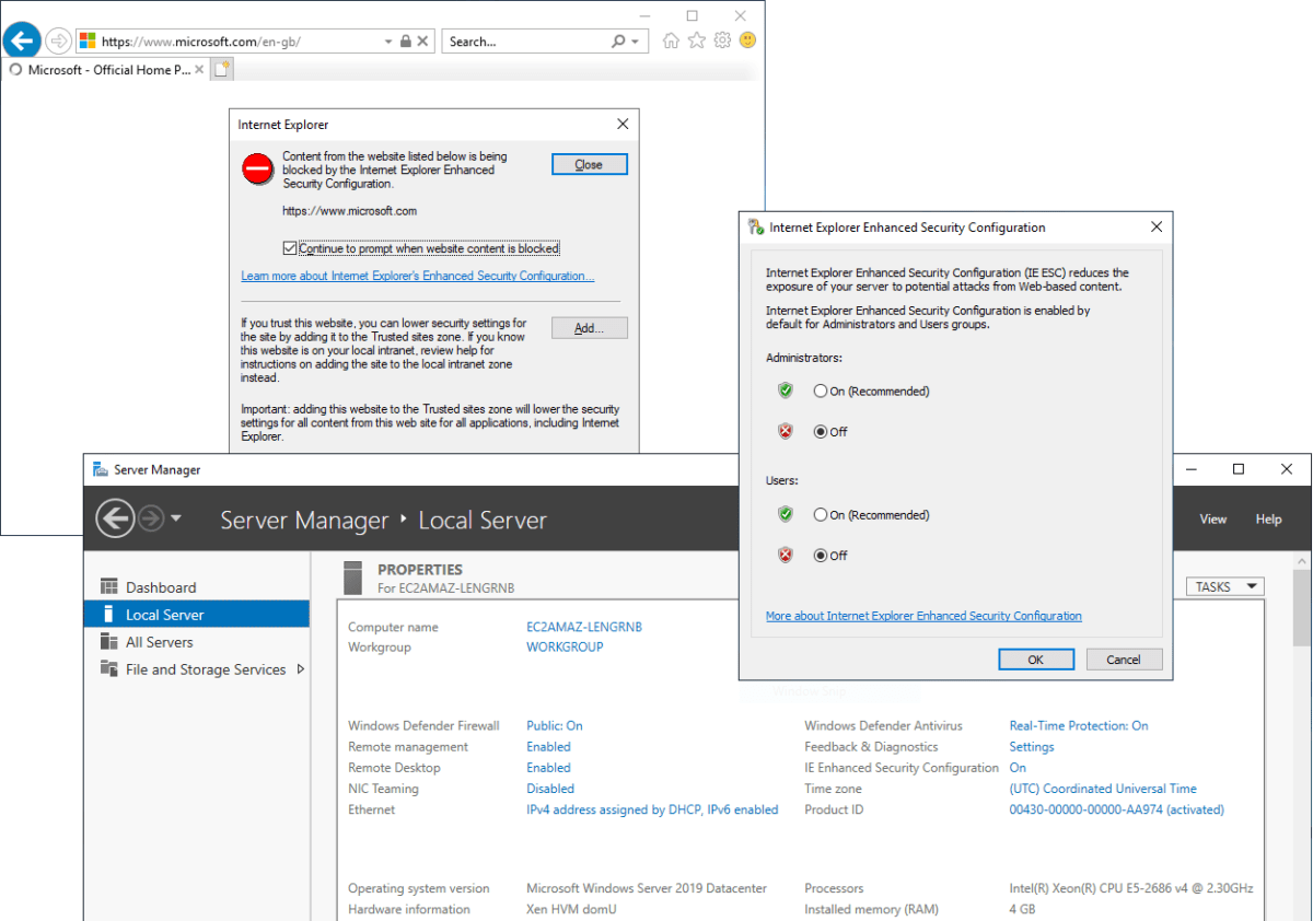 “Content from the website listed below is being blocked.” Windows Server
