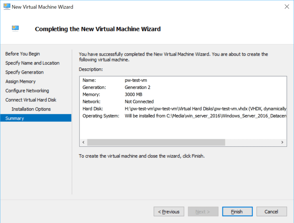 Hyper-V New Virtual Machine Summary