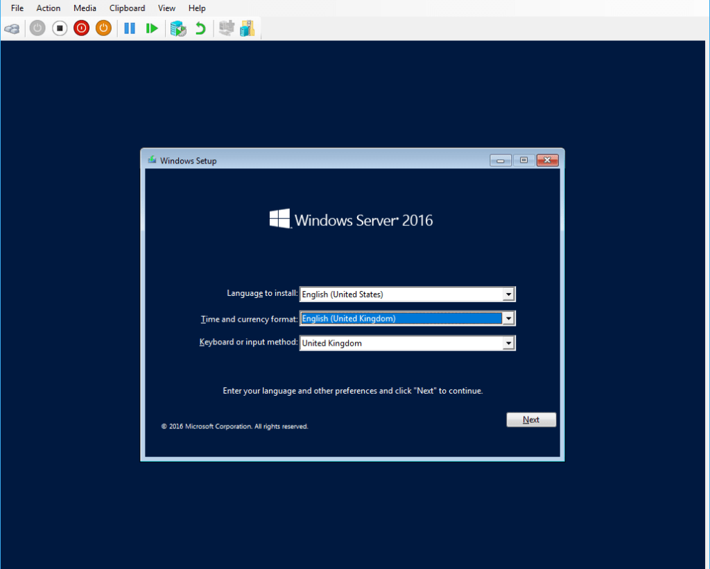 Windows Server 2016 Installation Language