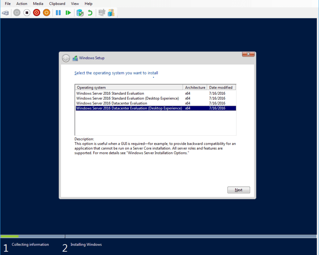 Windows Server 2016 Datacenter Installation