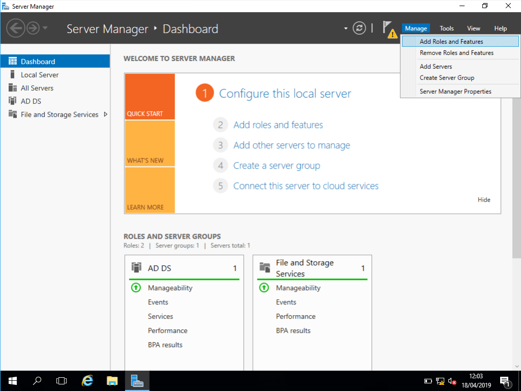 Windows Server Manager Add Roles and Features