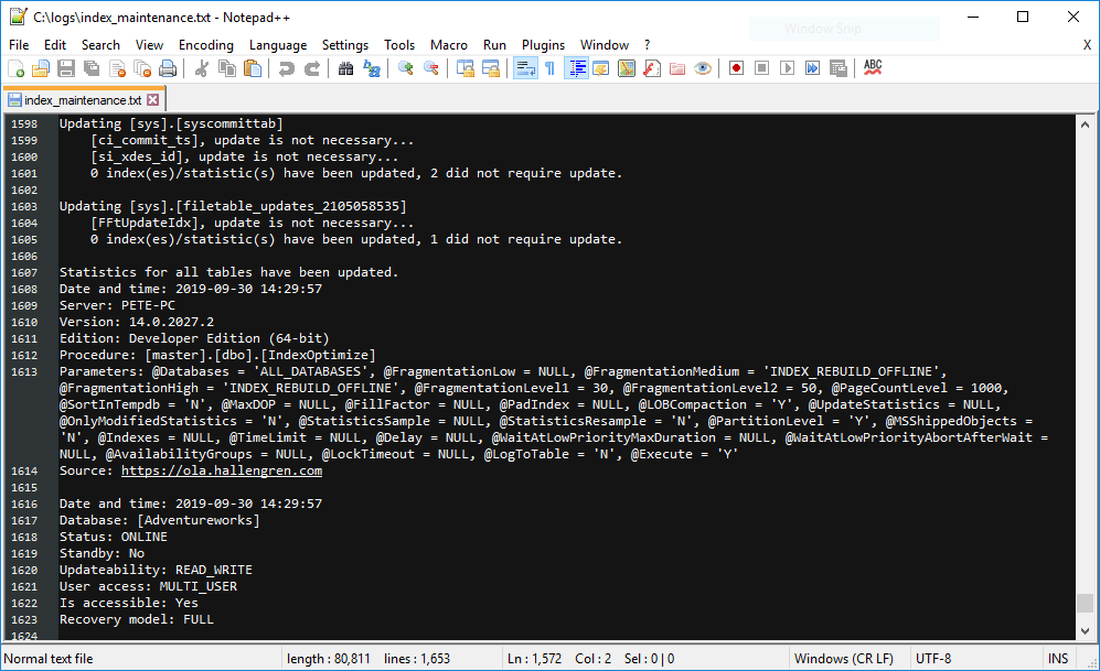 SQL Server Index Maintenance Log File