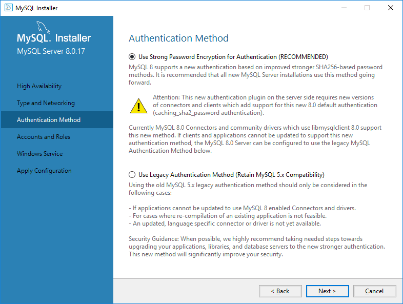 MySQL Install Authentication Type