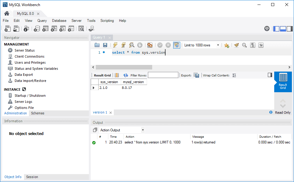 MySQL Workbench SELECT Version