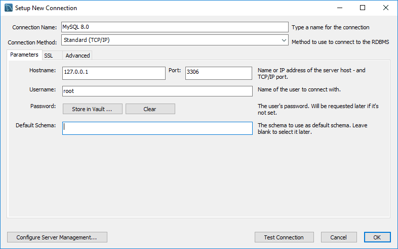 MySQL Workbench New Connection Window