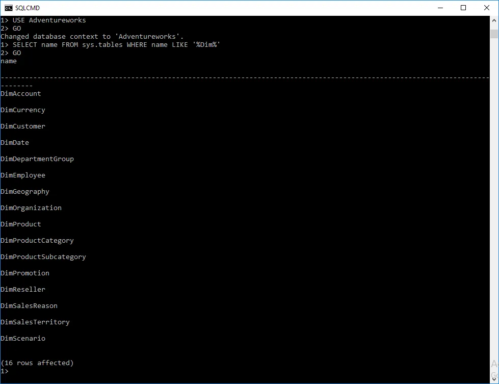 sqlcmd SELECT sys.tables