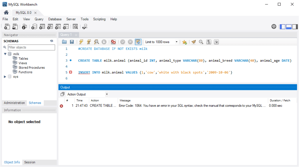 MySQL WorkBench Create Table and Insert Data (no exit)