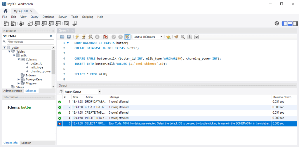 MySQL WorkBench Create Table and Insert Data (without schema)