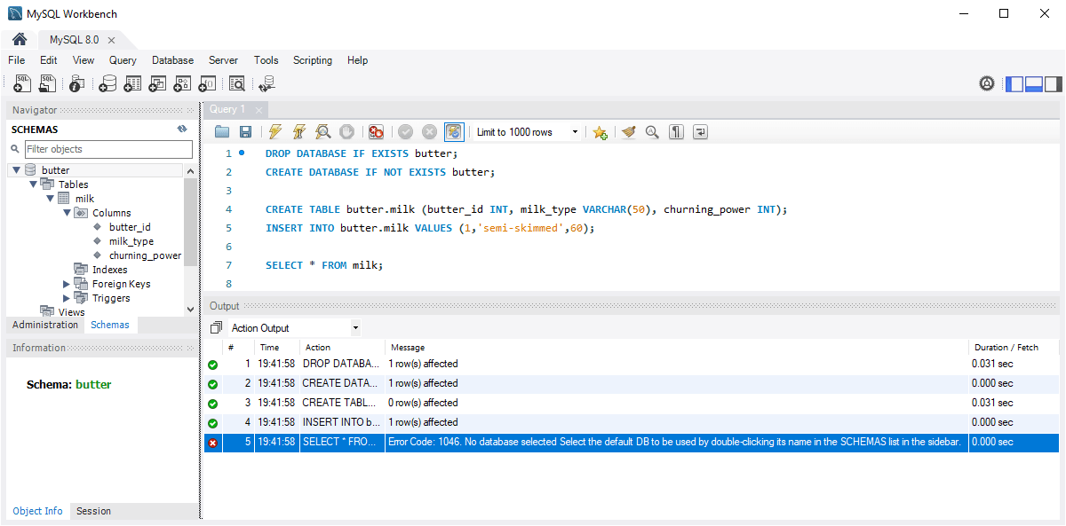 mysql workbench set default database