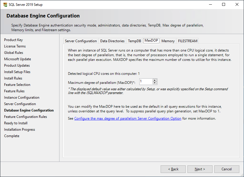 SQL Server 2019 Installation MAXDOP Configuration