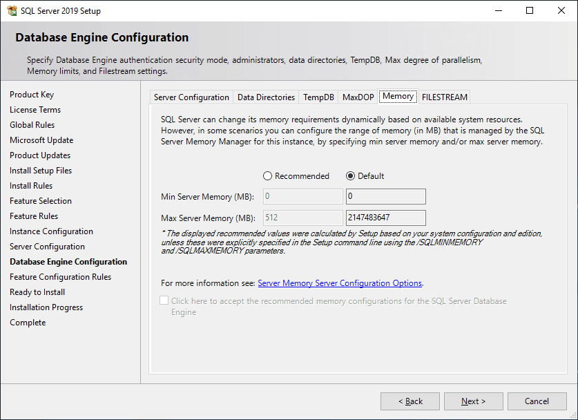 SQL Server 2019 Installation Max RAM Configuration