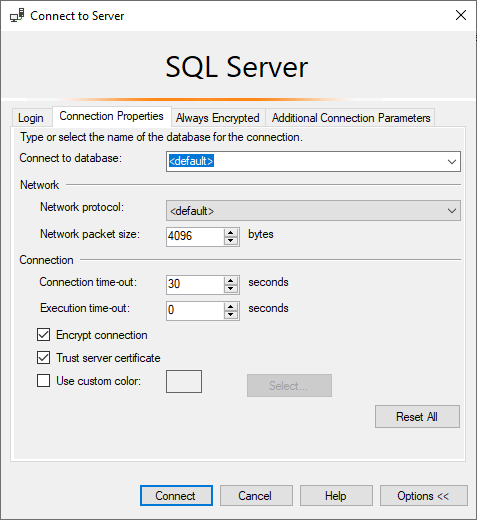 SSMS Connection Properties
