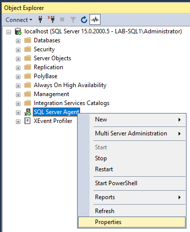 SSMS SQL Agent Properties Selection