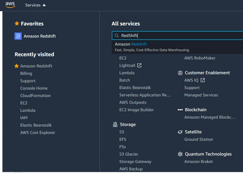 AWS Console Navigate to RedShift