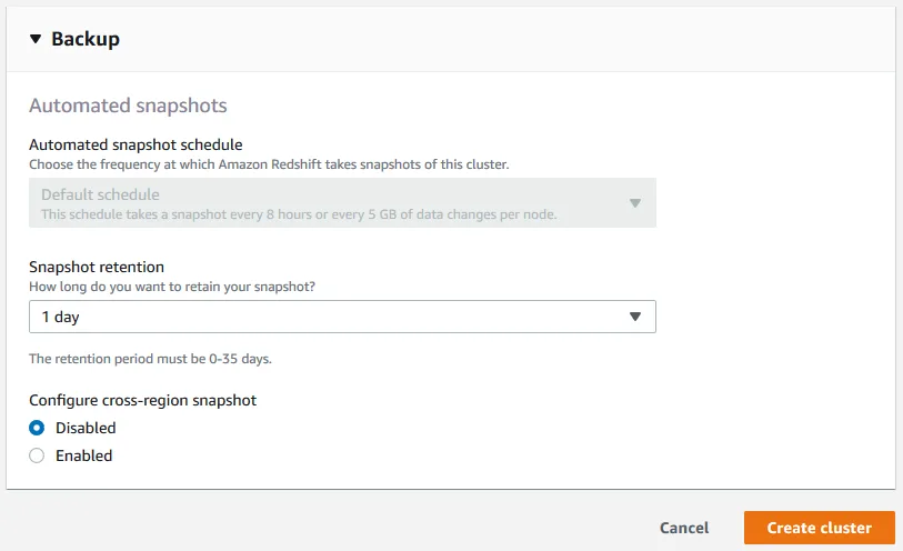 AWS Redshift Cluster Backup Options