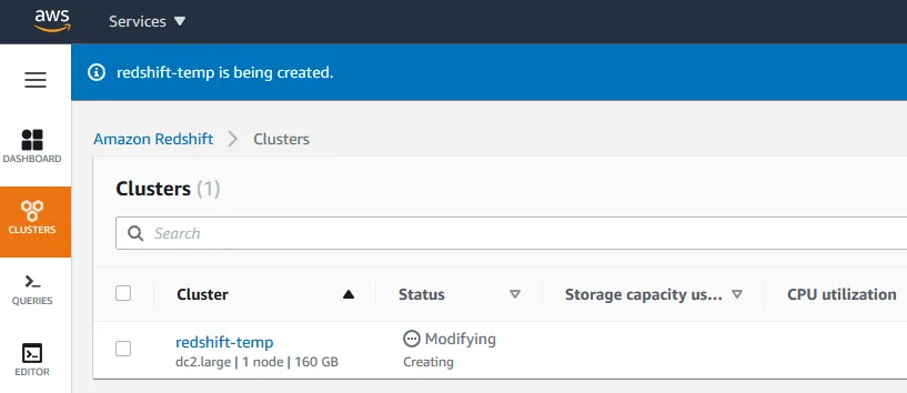 Create RedShift Cluster (Creating)