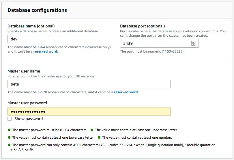 Create AWS Redshift Cluster Database Configuration