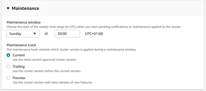 Redshift Cluster Maintenance Options