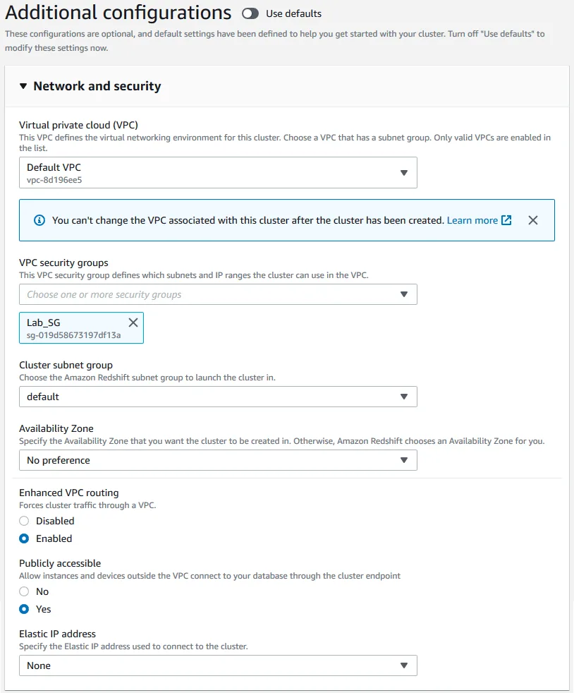 AWS RedShift Cluster Network and Security Options